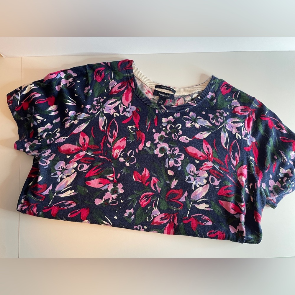 Lands' End Women's Floral Short Sleeve Sweater - Multicolor Size L